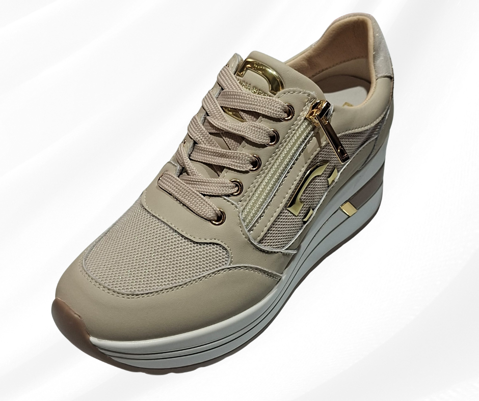 Sneaker donna casual con zeppa alta 5 cm DONNA SERENA 5111 BEIGE PLATINO