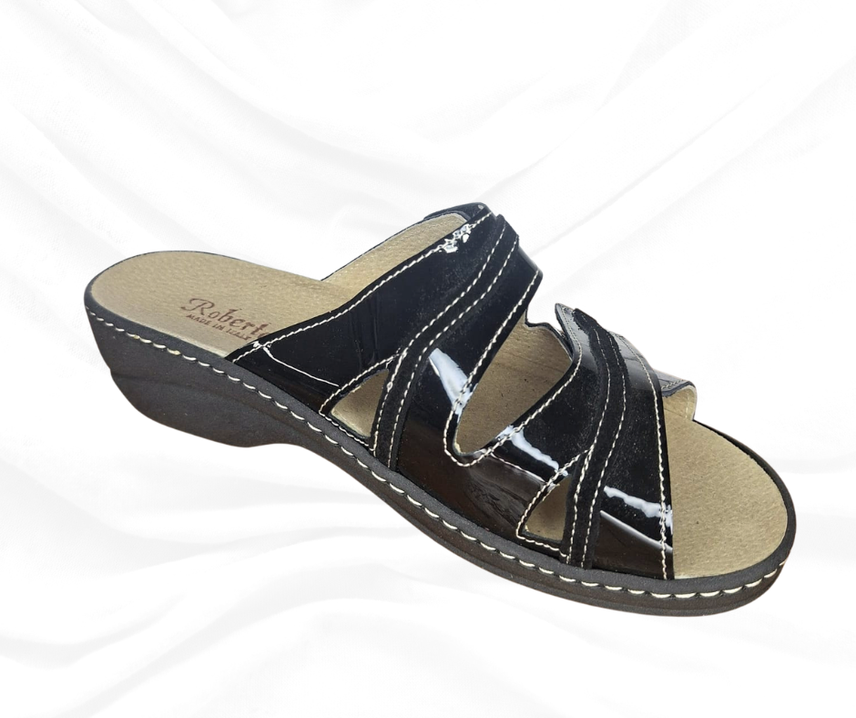 Ciabatta comoda in pelle con plantare estraibile H5 vernice nera