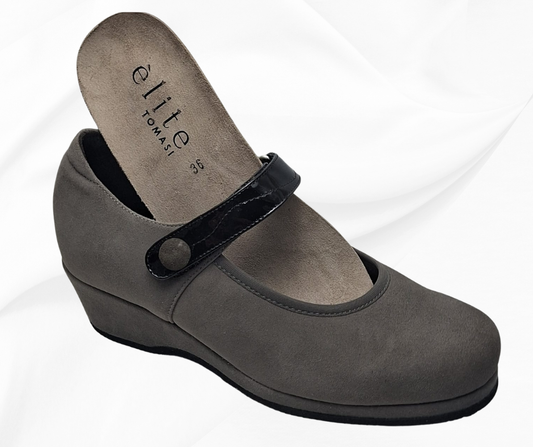 TOMASI elite ISABEL Scarpe Mary Jane in Suede Grigio con Dettagli Lucidi